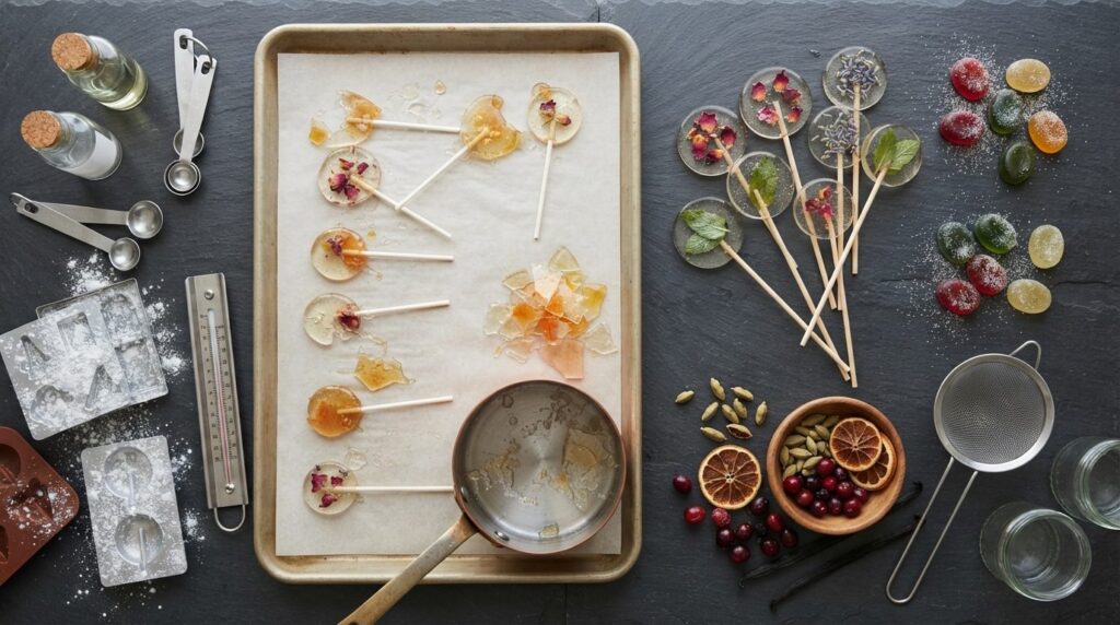 Overhead view of homemade hard candies and lollipops with va