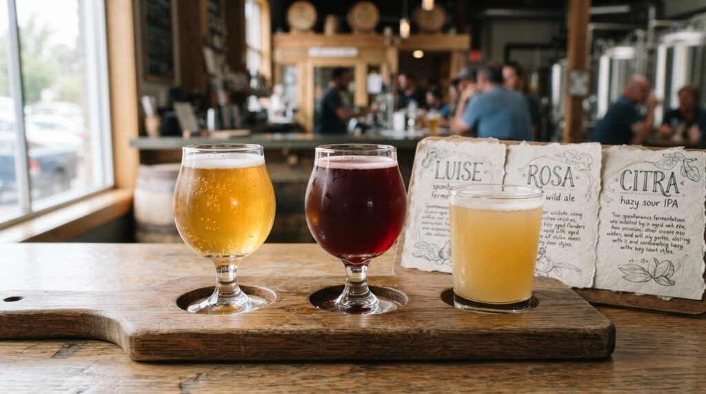 Close-up of three different sour beer styles in specialty gl
