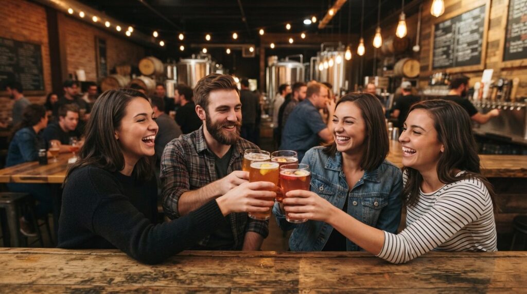 Young adults enjoying sour beers at a casual social gatherin