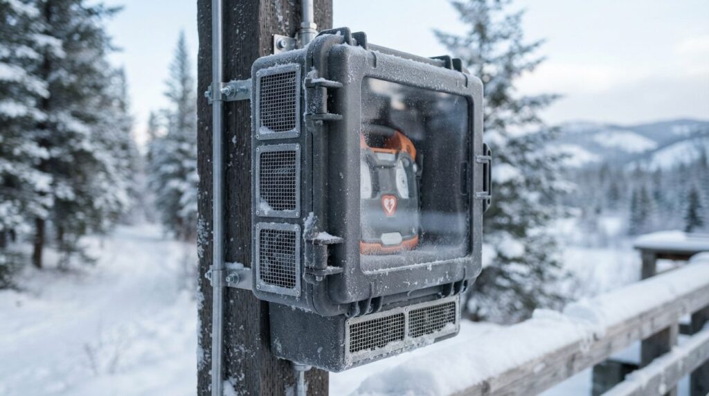 Close-up photorealistic stock photo of an outdoor defibrilla