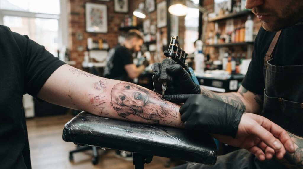 Skilled tattoo artist applying realistic dog portrait tattoo