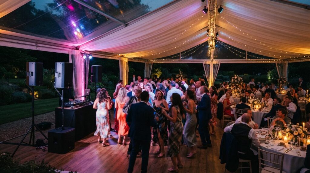 Wide angle view of elegant garden wedding reception in tent