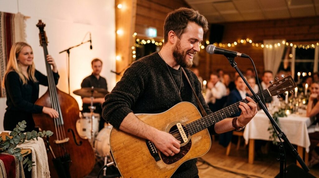 Close-up of live musician performing with acoustic guitar at