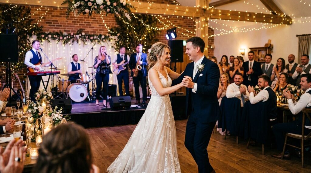 Wedding couple dancing together as live band plays in backgr