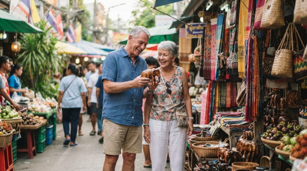 Realistic stock photo of an active senior couple exploring a