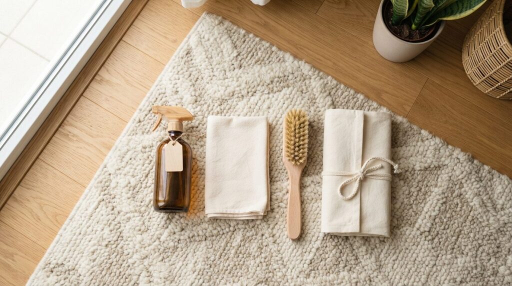 Flat lay lifestyle image of wool rug maintenance products ar