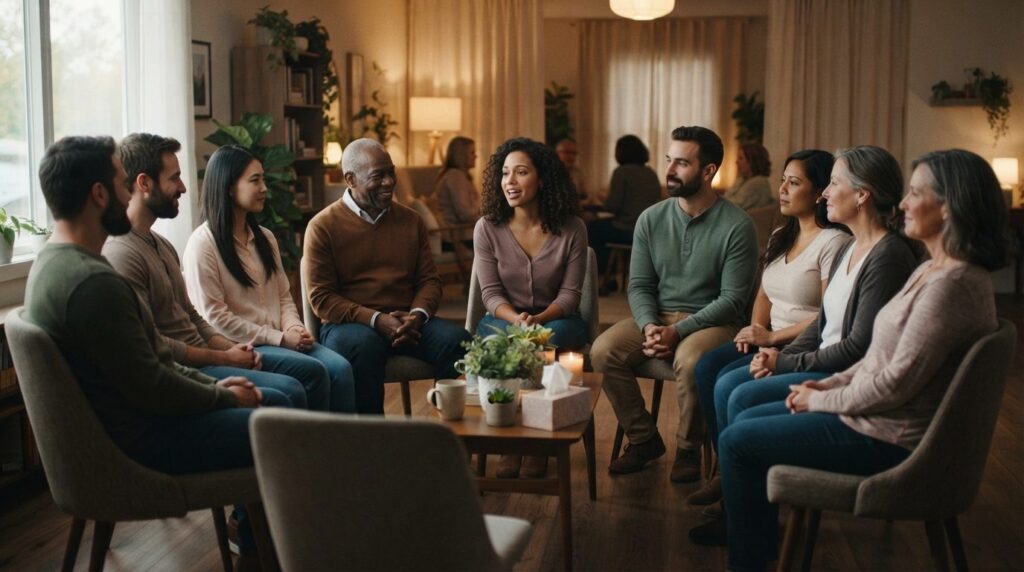 A supportive group of diverse people sitting in a circle dur