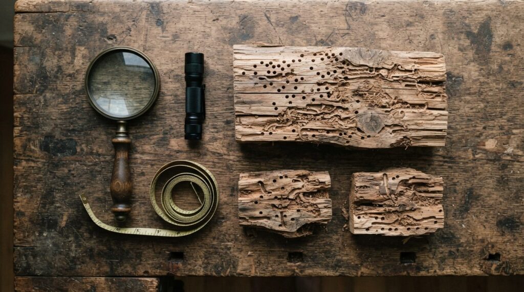 Detailed overhead flat-lay image of inspection tools arrange
