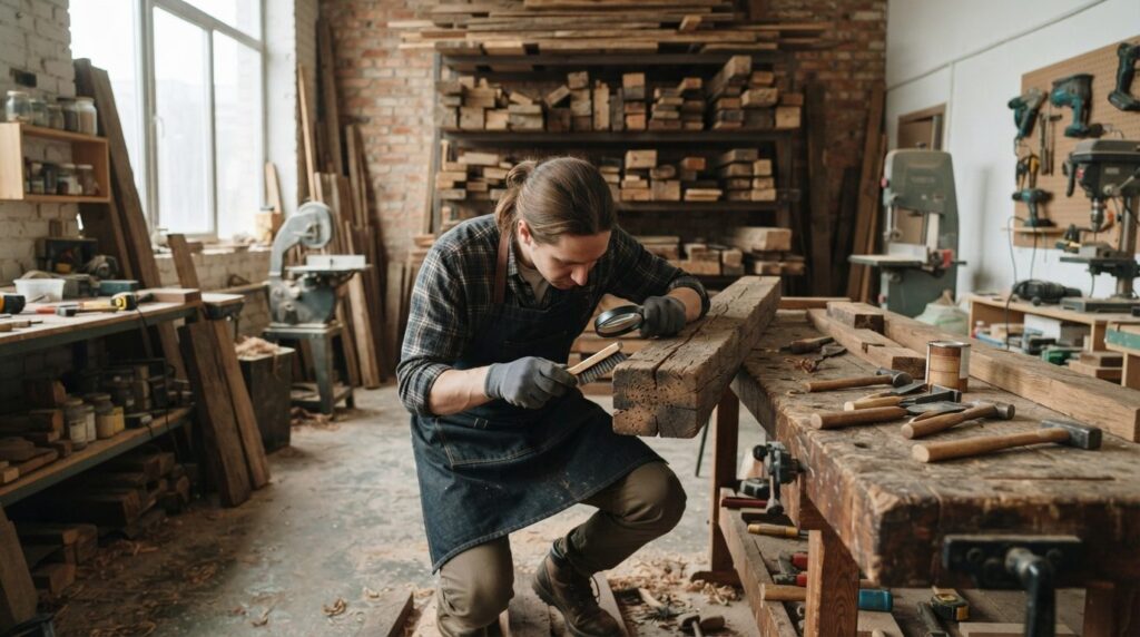 Wide shot of a DIY workshop setting where a person is examin