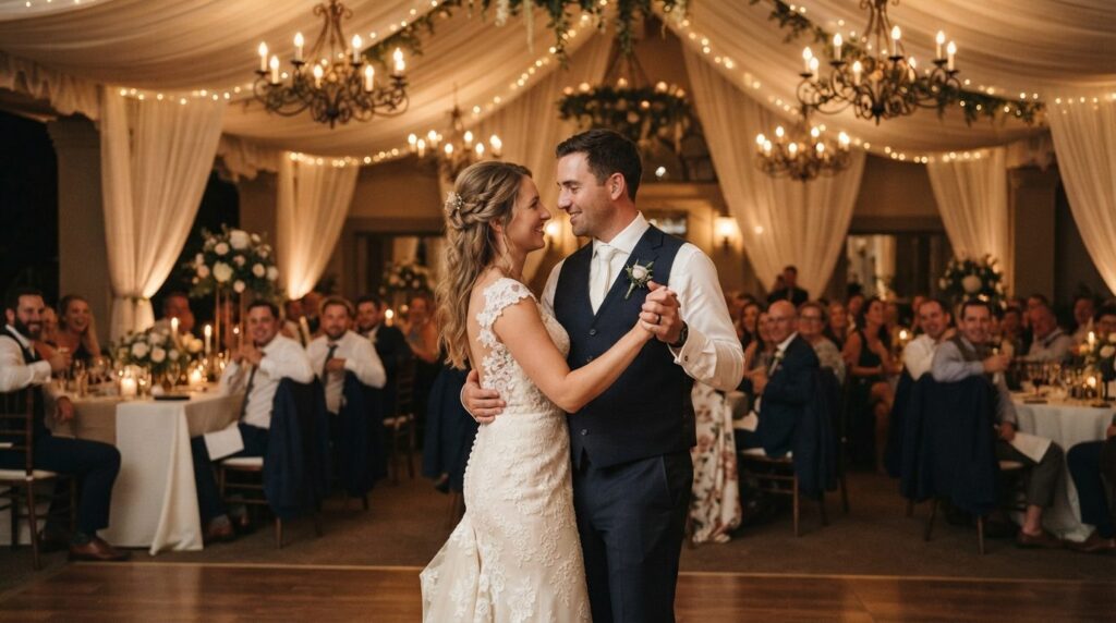 Bride and groom dancing at wedding reception under warm ambi