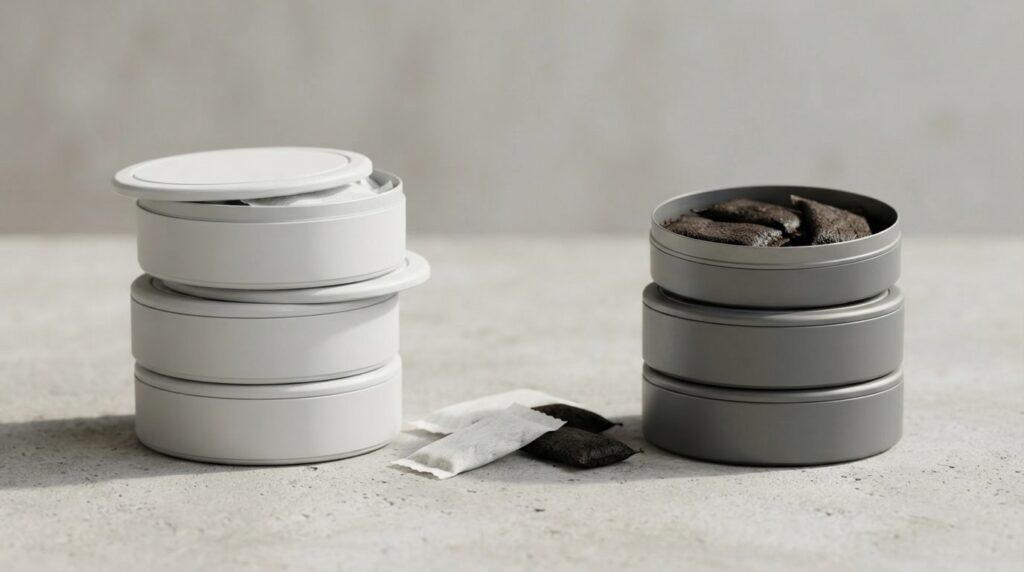 Close-up product comparison photography of snus and nicotine