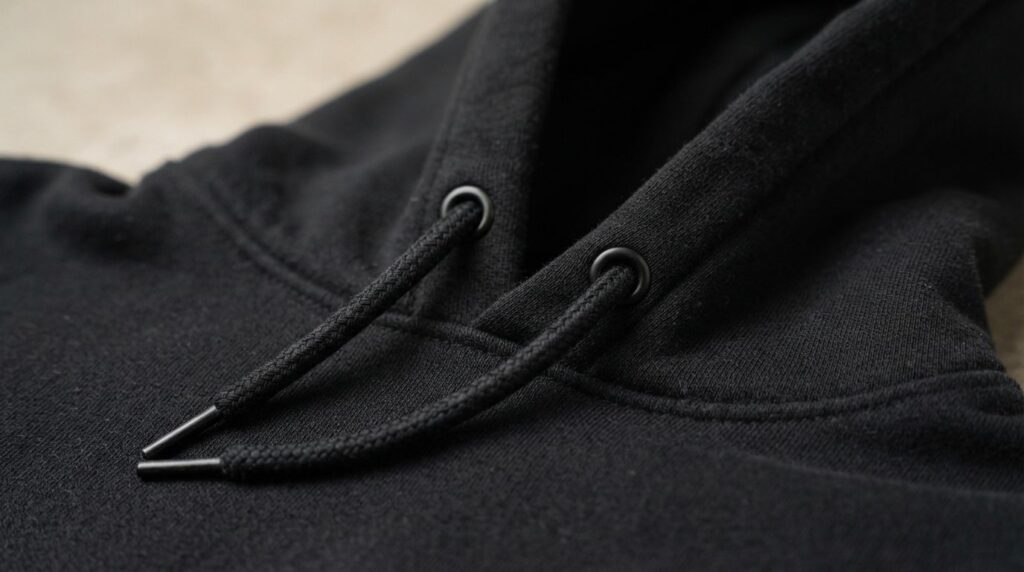 Close-up detail shot of a black Stussy hoodie fabric and dra
