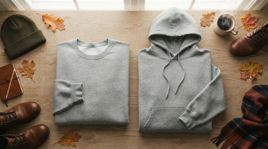 Flat lay overhead view comparing a folded Stussy sweatshirt 